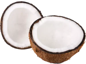 picture of de-husked coconut cut into halves