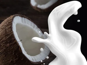 A half piece of coconut and coconut milk